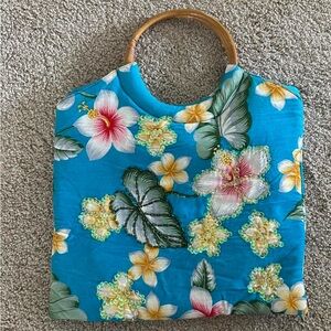 Floral Blue Tote Bag with Bamboo Handles